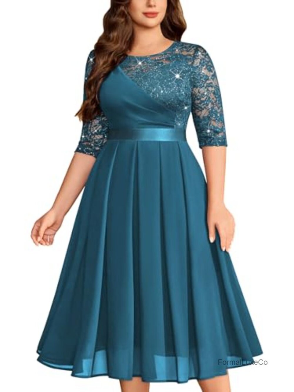Plus Size Formal Lace Pleated Chiffon Midi Dress Half Sleeve Empire Waist